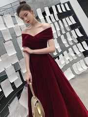 Elegant Velvet Burgundy Long Party Dress, A-line Evening Gown