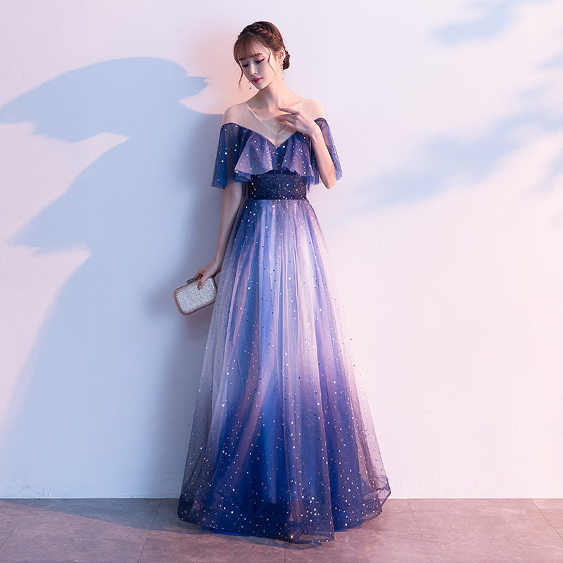 Beautiful Blue Tulle Gradient Long Bridesmaid Dress, Wedding Party Dre Cutedressy Beautiful Blue Tulle Gradient Long Bridesmaid Dress, Wedding Party Dre Cutedressy