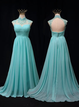 Blue Chiffon Lace and Beaded Cap Sleeves Prom Party Dress, A-line Chiffon Formal Dress