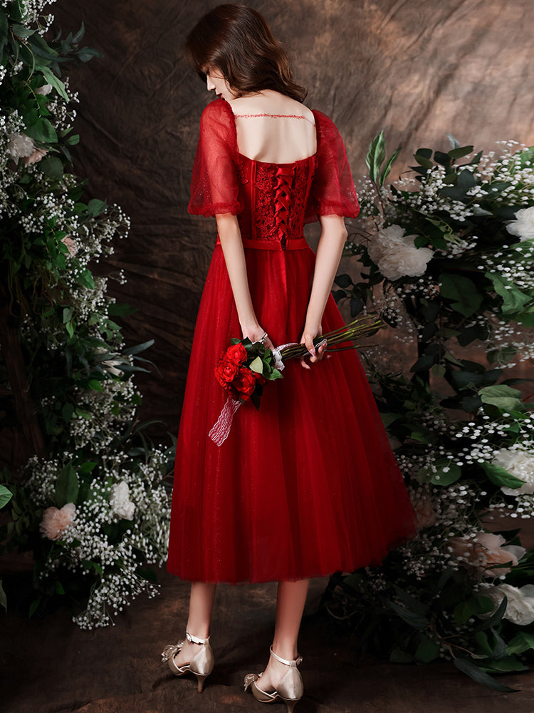 Wine Red Tulle Short Sleeves Tea Length Party Dress with Lace, Dark Re Cutedressy Wine Red Tulle Short Sleeves Tea Length Party Dress with Lace, Dark Re Cutedressy