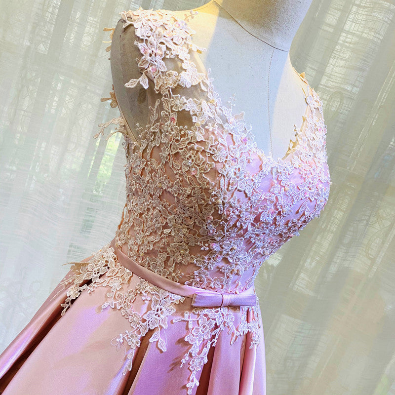 Pink Lace and Satin Floor Length Junior Prom Dress, Long Evening Dress Cutedressy Pink Lace and Satin Floor Length Junior Prom Dress, Long Evening Dress Cutedressy