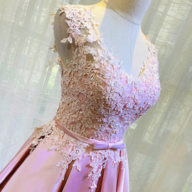 Pink Lace and Satin Floor Length Junior Prom Dress, Long Evening Dress Graduation Dress