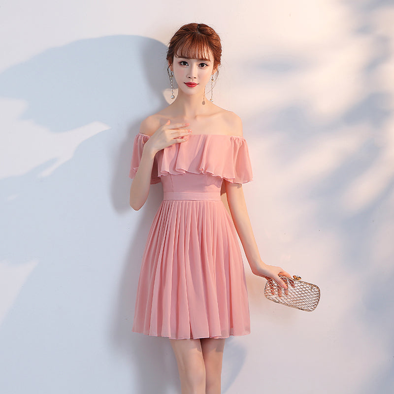Lovely Off Shoulder Light Pink Short Bridesmaid Dress, Pink Homecoming Dresses
