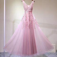 Elegant Pink V-neckline Tulle Prom Dress, Long Bridesmaid Dress