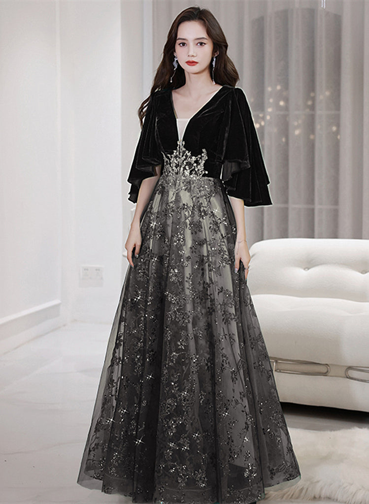 Black Velvet and Tulle Long Lace Party Dress, Black A-line Formal Dres