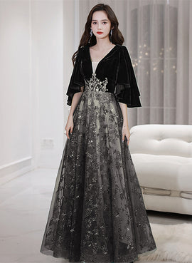 Black Velvet and Tulle Long Lace Party Dress, Black A-line Formal Dress