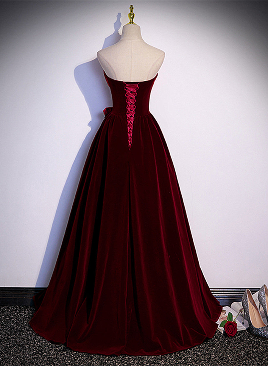 Wine Red Sweetheart Velvet Long Party Dress, A-line Wine Red Prom Dress