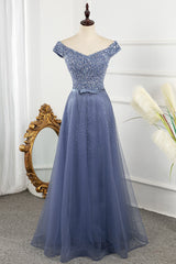 Tulle Sequins Cap Sleeves Long Party Dress, Floor Length Prom Dress