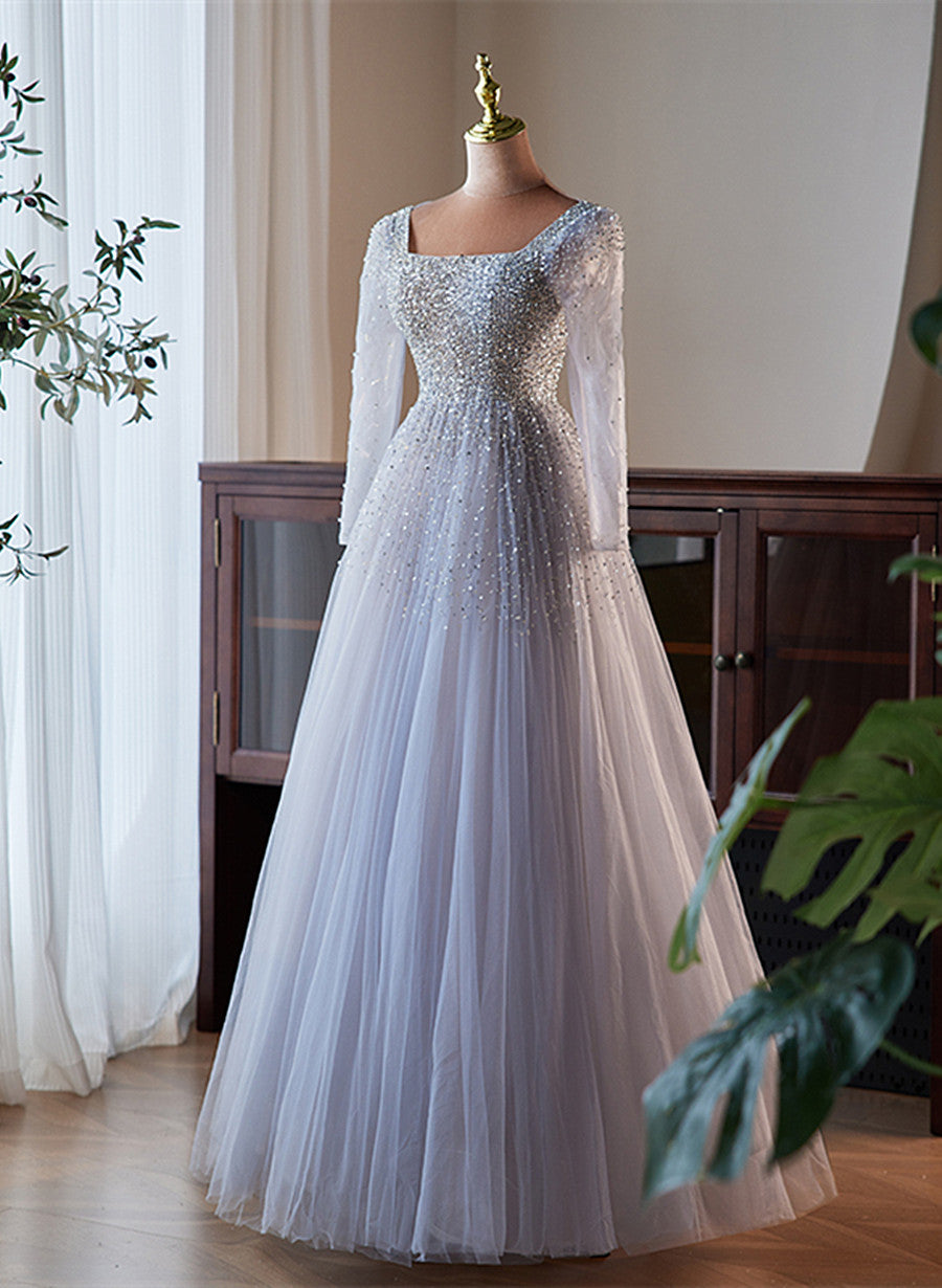 A-line Tulle Sequins Long Sleeves Party Dress, Sliver-Grey Shiny Prom Dress