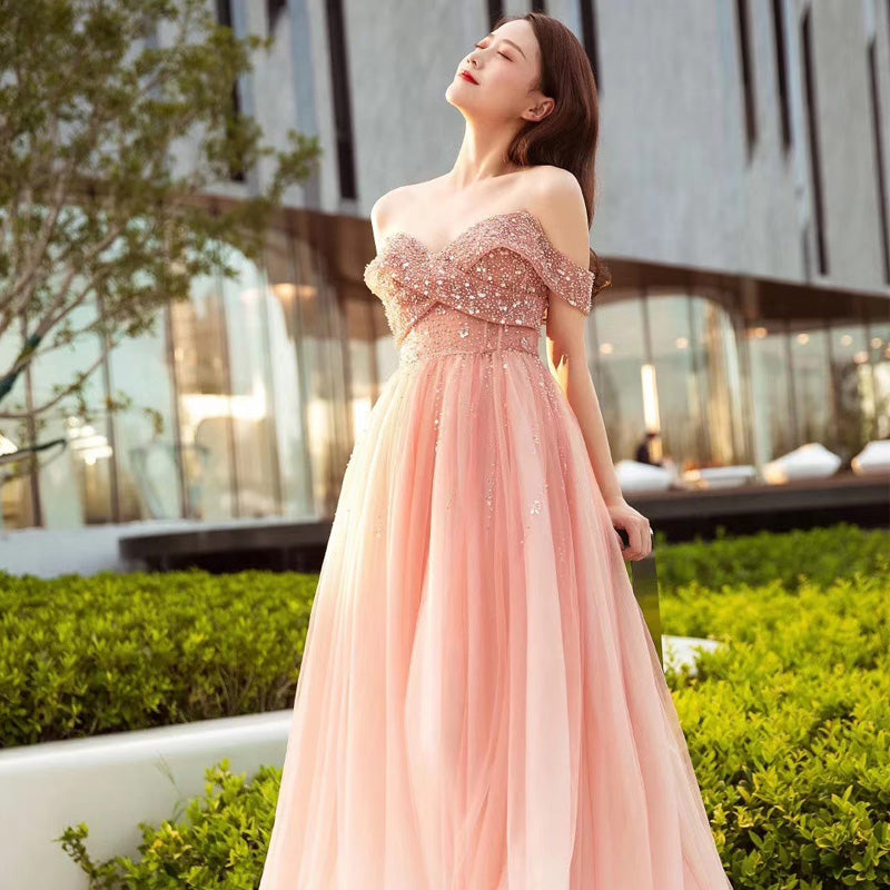 Beautiful Pink Tulle Gradient Beaded Off Shoulder Party Dress, Pink Pr Cutedressy Beautiful Pink Tulle Gradient Beaded Off Shoulder Party Dress, Pink Pr Cutedressy