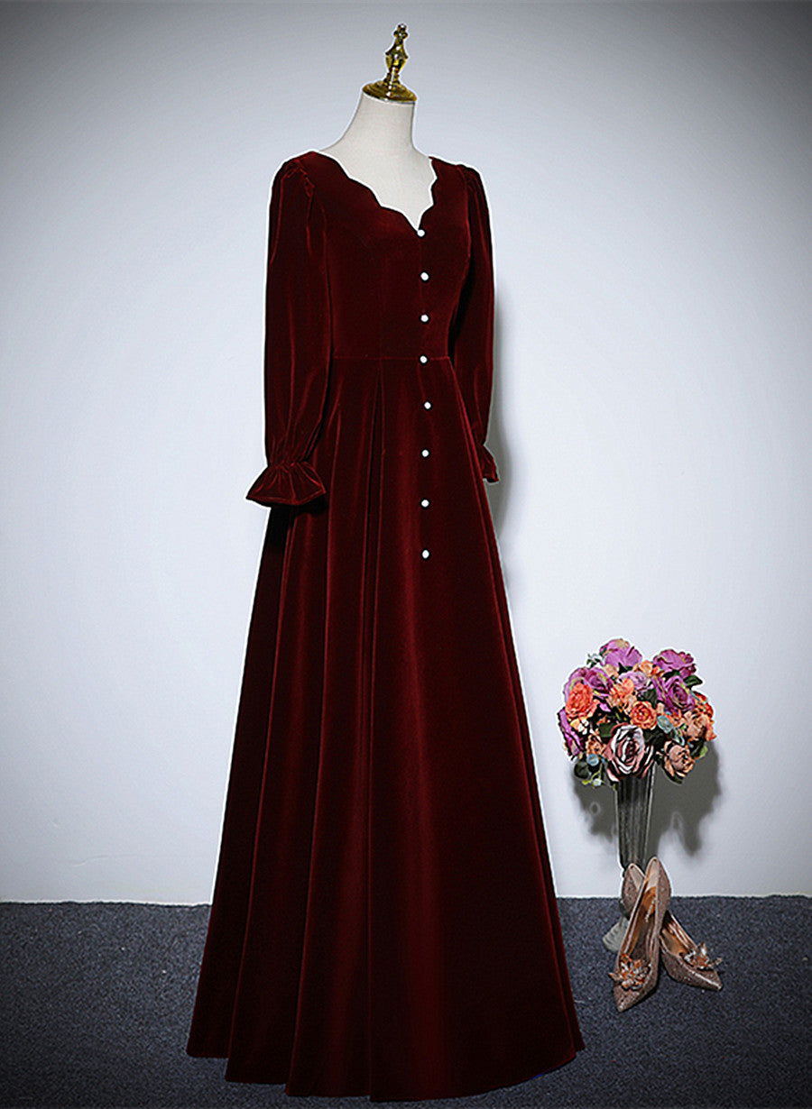 Wine Red Velvet Long Sleeves Wedding Party Dress, A-line Velvet Prom D Cutedressy Wine Red Velvet Long Sleeves Wedding Party Dress, A-line Velvet Prom D Cutedressy