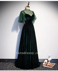 Dark Green Velvet with Puffy Sleeves Tulle Prom Dresses, A-line Green Party Dresses Formal Dress