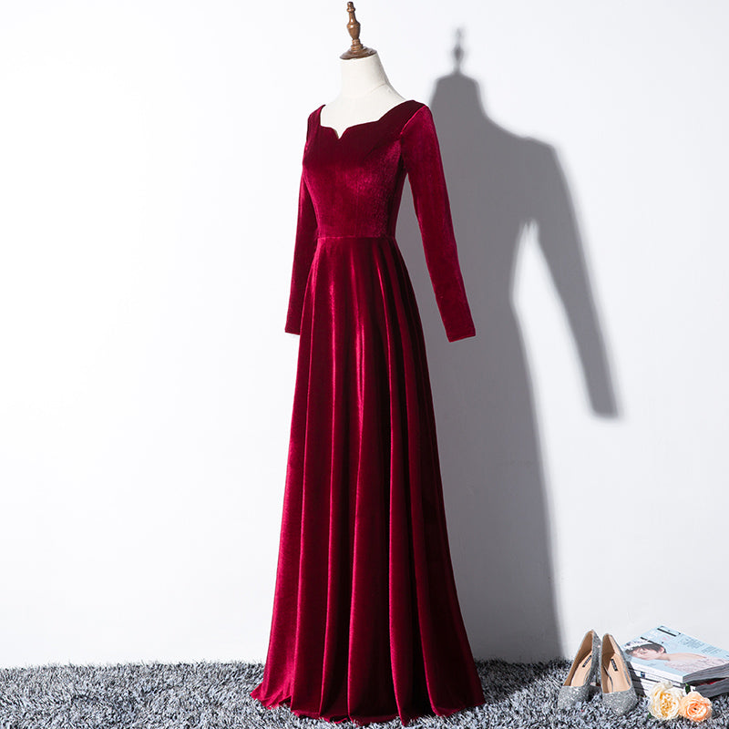 Beautiful Wine Red Velvet Long Sleeves Party Dress, Long Prom Dress