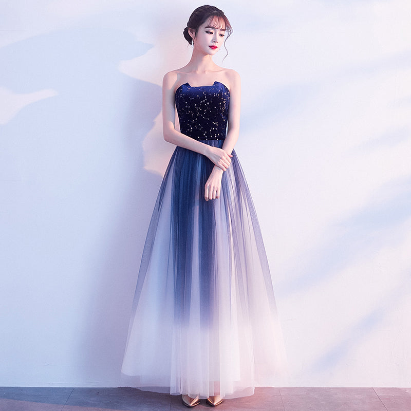 Blue Gradient Tulle Simple A-line Party Dress, Blue Gradient Formal Dress Evening Dress