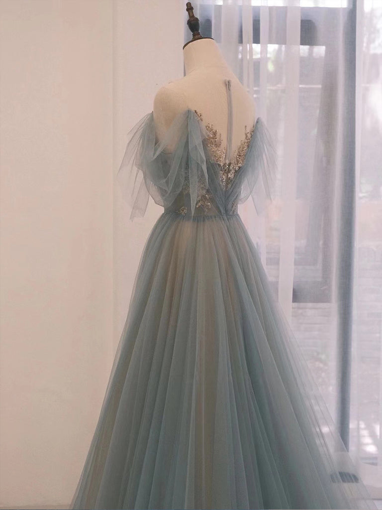 Off the Shoulder Long Tulle Gown with Sweetheart Neck Sky Blue main image 1