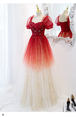 Beautiful Gradient Red Tulle Beaded Puffy Sleeves Formal Dress, A-line Tulle Prom Dresses