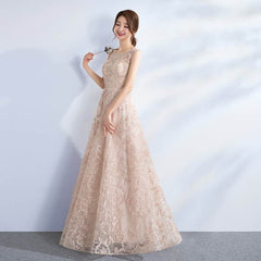 Beautiful Champagne Lace A-line Floor Length Formal Dress, Prom Gowns