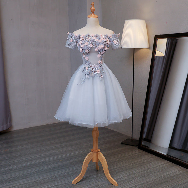 Light Grey Tulle Short Prom Dress with Flowers, Grey Homecoming Dress Graduation Dress Light Grey Tulle Short Prom Dress with Flowers, Grey Homecoming Dress Graduation Dress