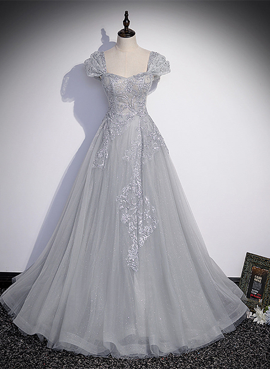 Grey Sweetheart Cap Sleeves Long Party Dress, Grey Long Tulle with Lace Prom Dress