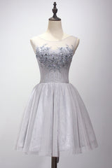 Light Grey Short Applique and Lace Homecoming Dress, Short Prom Dress
