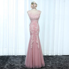 Beautiful Mermaid Tulle with Applique Round Neckline Long Evening Dress, Mermaid Lace Formal Dress