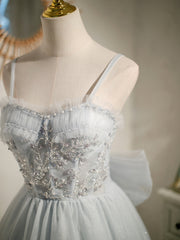 Lovely Sliver-Grey Tulle with Beaded Short Party Dresses, Tulle Short Prom Dresses 2022