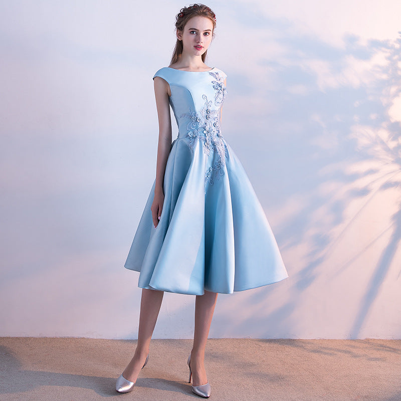 Blue Satin Knee Length Round Neckline Party Dress, Blue Prom Dress Bridesmaid Dress Blue Satin Knee Length Round Neckline Party Dress, Blue Prom Dress Bridesmaid Dress