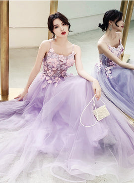 lavender tulle long prom dress