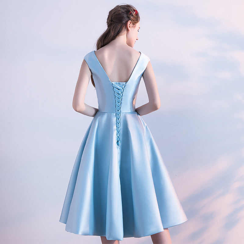 Formal Gowns Light Blue Knee Length Bridesmaid Dresses Short Sleeves Chiffon V Neck Knee Length Bridesmaid Formal Gowns Light Blue Knee Length Bridesmaid Dresses Short Sleeves Chiffon V Neck Knee Length Bridesmaid