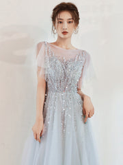 Beautiful Sliver Grey Tulle Beaded Cap Sleeves Formal Dress, A-line Long Prom Dress