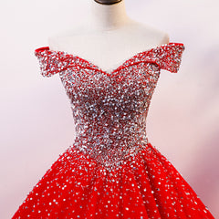 Red Sparkle Tulle Sweetheart Party Dress, Shiny Sweet 16 Dresses