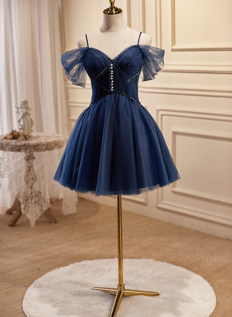 Navy Blue Cute Short Sweetheart Beaded Party Dress, Navy Blue Short Prom Dress