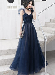 Navy Blue Tulle Sweetheart A-line Long Formal Dress, Blue Prom Dress Party Dress