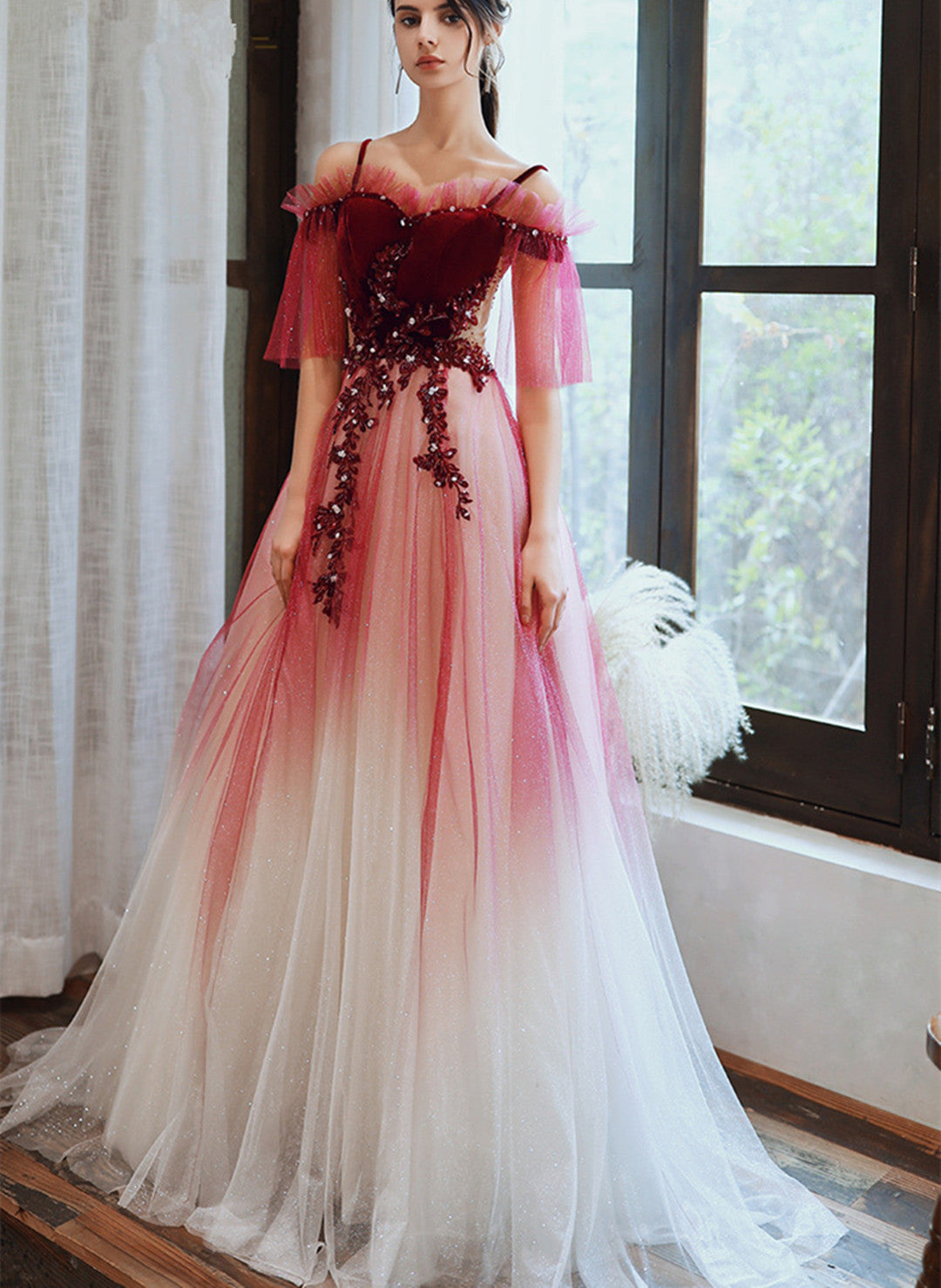 Dark Red Velvet and Tulle Gradient Long Formal Gown,A-line Tulle with Lace Prom Dresses