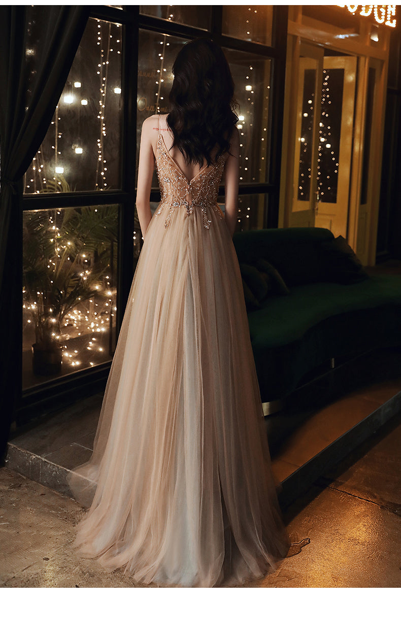Champagne Beaded V-neckline Spaghetti Strap Tulle Evening Gown, A-line Cutedressy Champagne Beaded V-neckline Spaghetti Strap Tulle Evening Gown, A-line Cutedressy