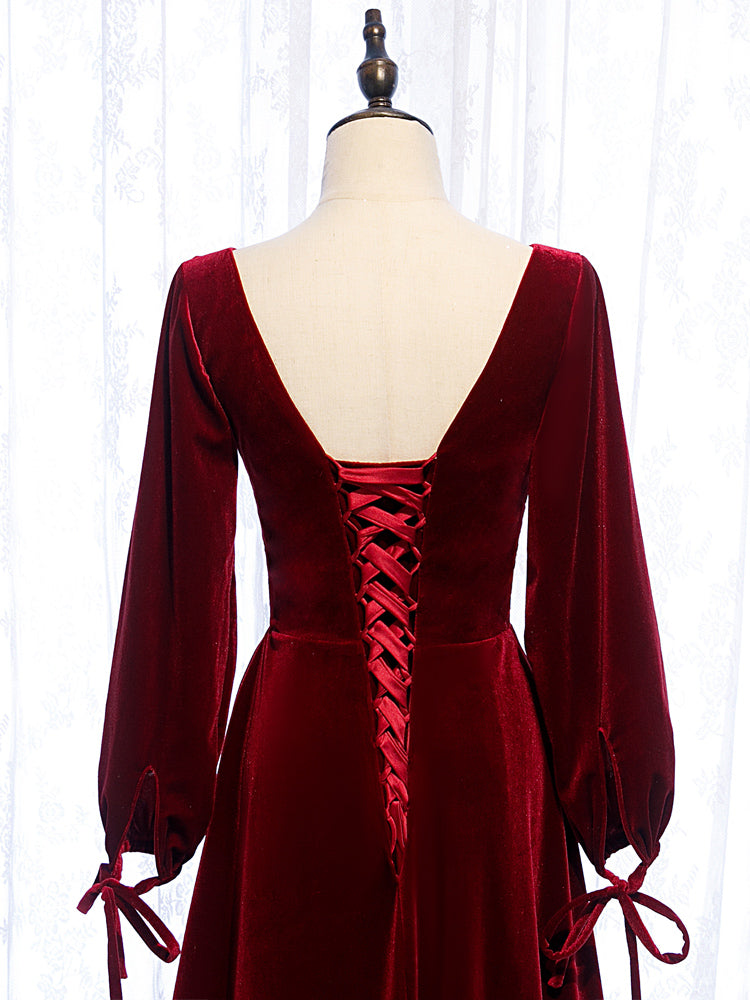 Charming Dark Red Velvet Long Sleeves A-line Party Dress, Bridesmaid D Cutedressy Charming Dark Red Velvet Long Sleeves A-line Party Dress, Bridesmaid D Cutedressy