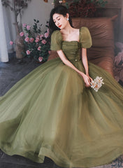 Green Puffy Short Sleeves Tulle Prom Party Dress, Green Evening Dresses