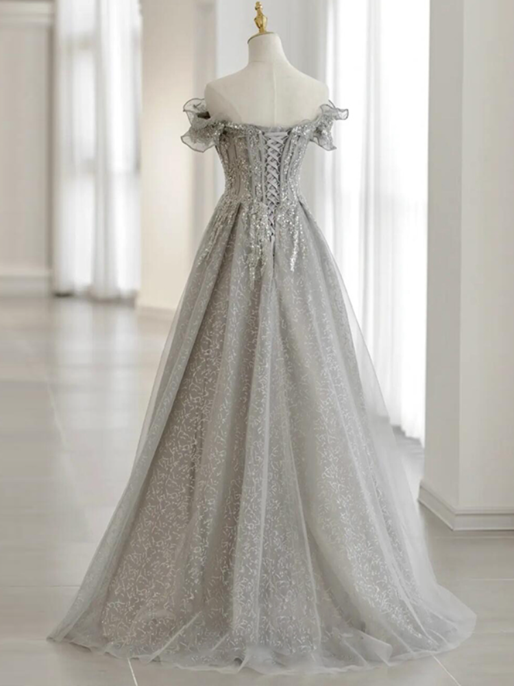 Sliver-Grey Tulle with Sequins Long Party Dress,A-line Floor Length Pr ...