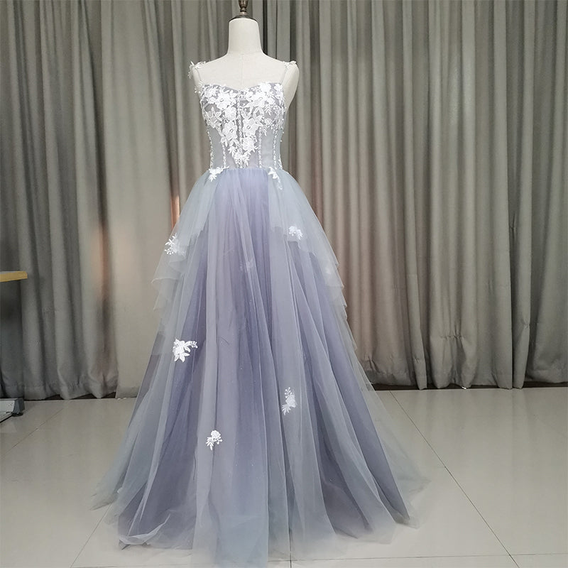 Fashionable Grey Tulle Sweetheart Straps Long Party Dress, Sweet 16 Dress