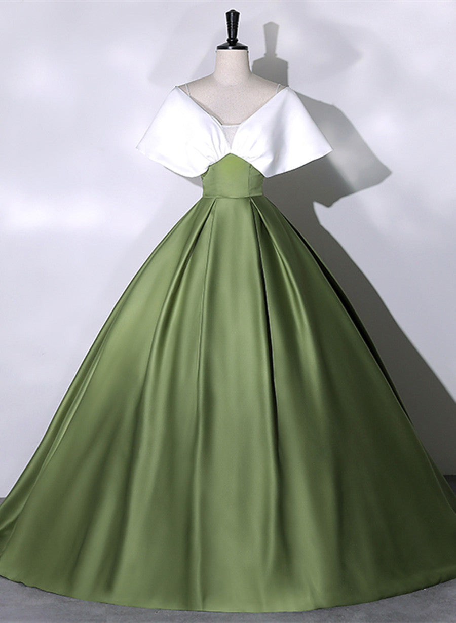 Green and White Satin Long Party Dress, Ball Gown Long Formal Dress