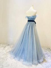 Beautiful Blue Tulle Shiny Long Party Dress with Belt, A-line Blue Formal Dresses