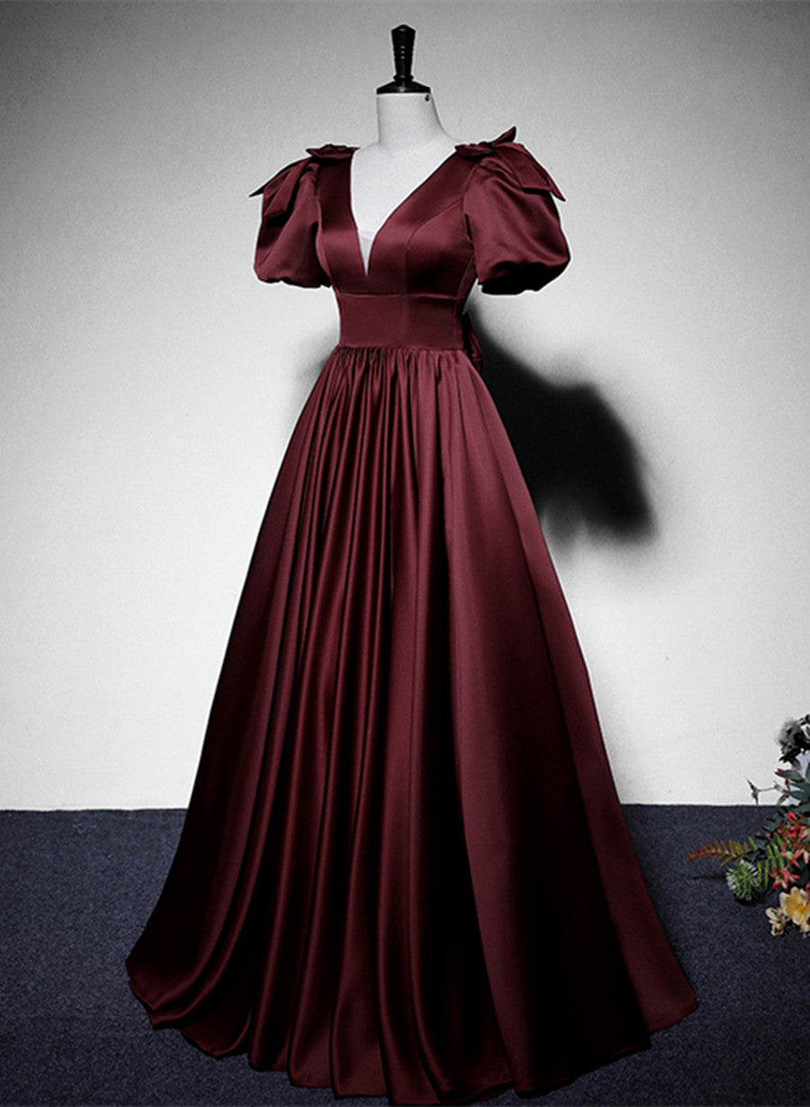 Maroon Satin Short Sleeves Low Back Long Prom Dress, Maroon Evening Dr – Cutedressy Maroon Satin Short Sleeves Low Back Long Prom Dress, Maroon Evening Dr – Cutedressy