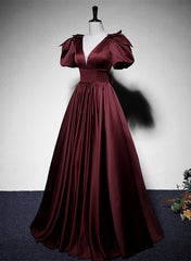 Maroon Satin Short Sleeves Low Back Long Prom Dress, Maroon Evening Dress