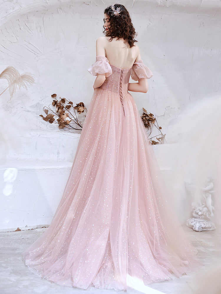 Cute Pink Tulle Long Formal Gown, A-line Off Shoulder Floor Length Prom Dress