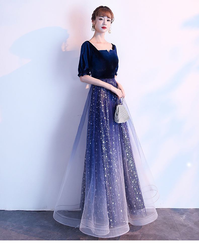 Navy Blue Shiny Tulle and Velvet Long Bridesmaid Dress, Wedding Party ...