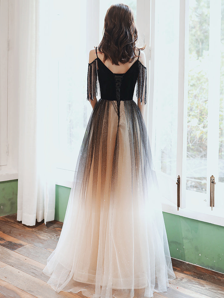 black a line formal dress Black V-neckline Tulle Gradient A-line Prom Dress, Black Floor Length – Cutedressy
