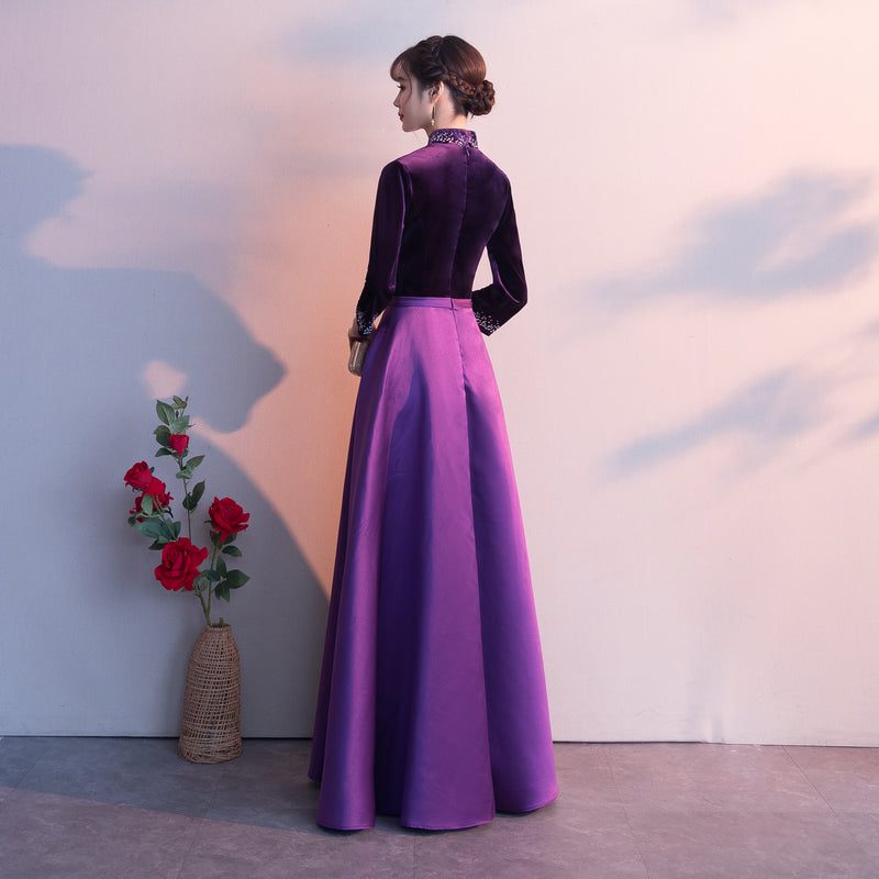 Dark Purple Satin Long Sleeves Beaded Velvet Bridesmaid Dress, Purple Formal Dress