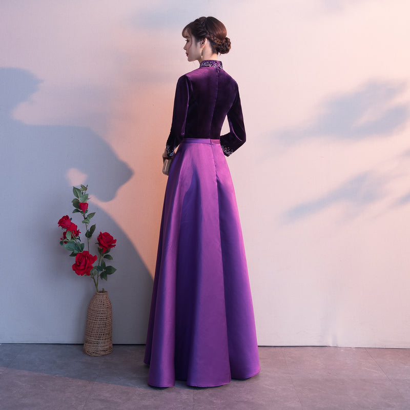 Dark Purple Satin Long Sleeves Beaded Velvet Bridesmaid Dress, Purple Formal Dress Dark Purple Satin Long Sleeves Beaded Velvet Bridesmaid Dress, Purple Formal Dress