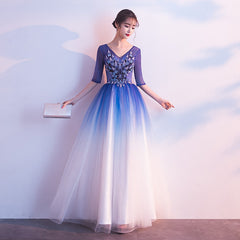 Elegant V-neckline Blue and White Bridesmaid Dress, Short Sleeves Formal Dress