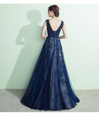 Navy Blue Lace A-line V-neckline Evening Gown, Prom Gown